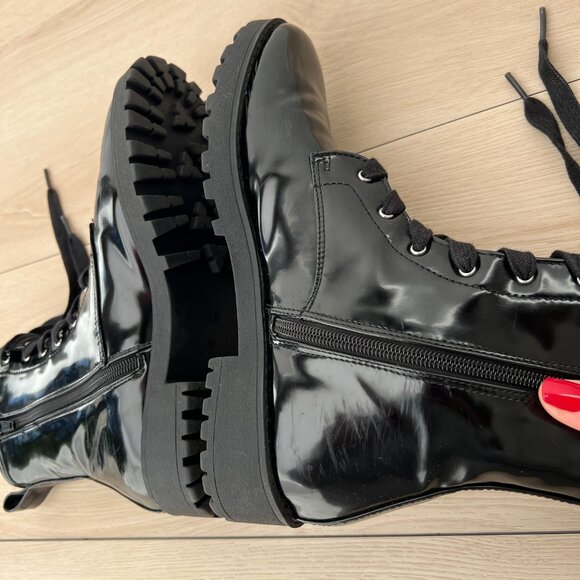 H&M Faux Patent Leather Lace Up & Zip Up Black Combat Boots Size 8 / 90s Grunge - Picture 6 of 12